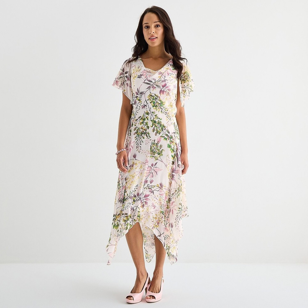 MSRP $79 Robbie Bee Womens 16 Ivory Multi Floral Midi Dress Draped Neck Short